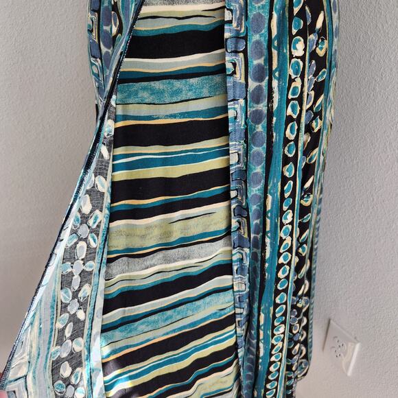 Vintage 90s Abstract Blue Green Sleeveless Midi Dress Criss Cross Neckline 12 - Picture 5 of 14